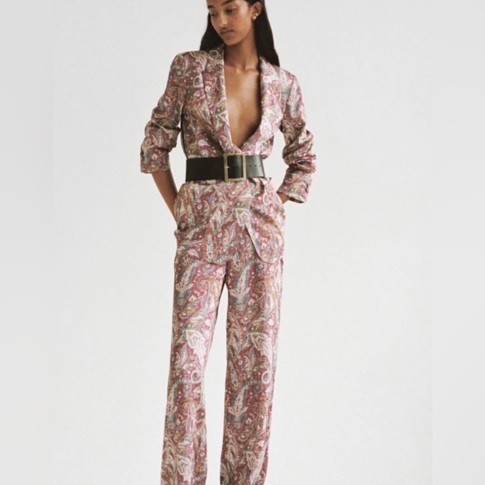 Zara Suit Paisley Blazer sz S Matching Sz M Pants 2pc Set Satin Effect Twill